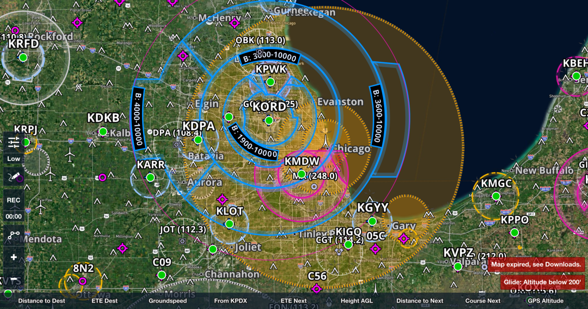 ForeFlight digital map showing Chicago TFR for the 2024 DNC