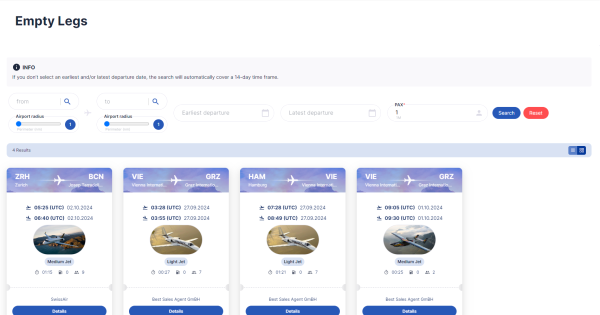 VOO empty leg feature for charter booking platform