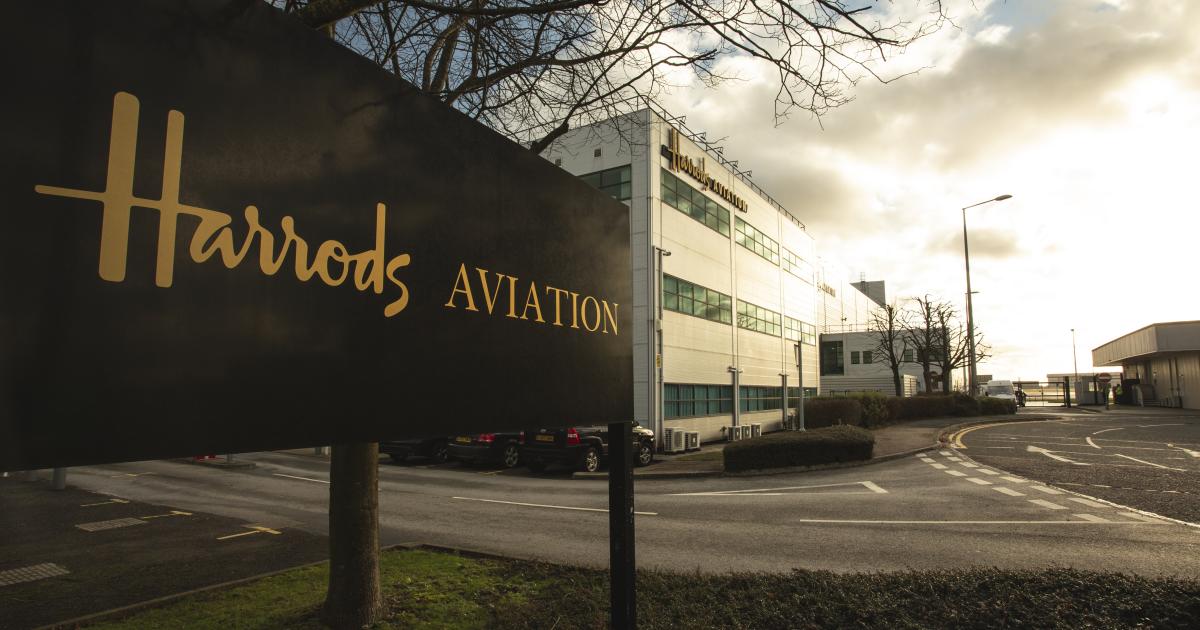 Harrods Aviation sign in front of facility