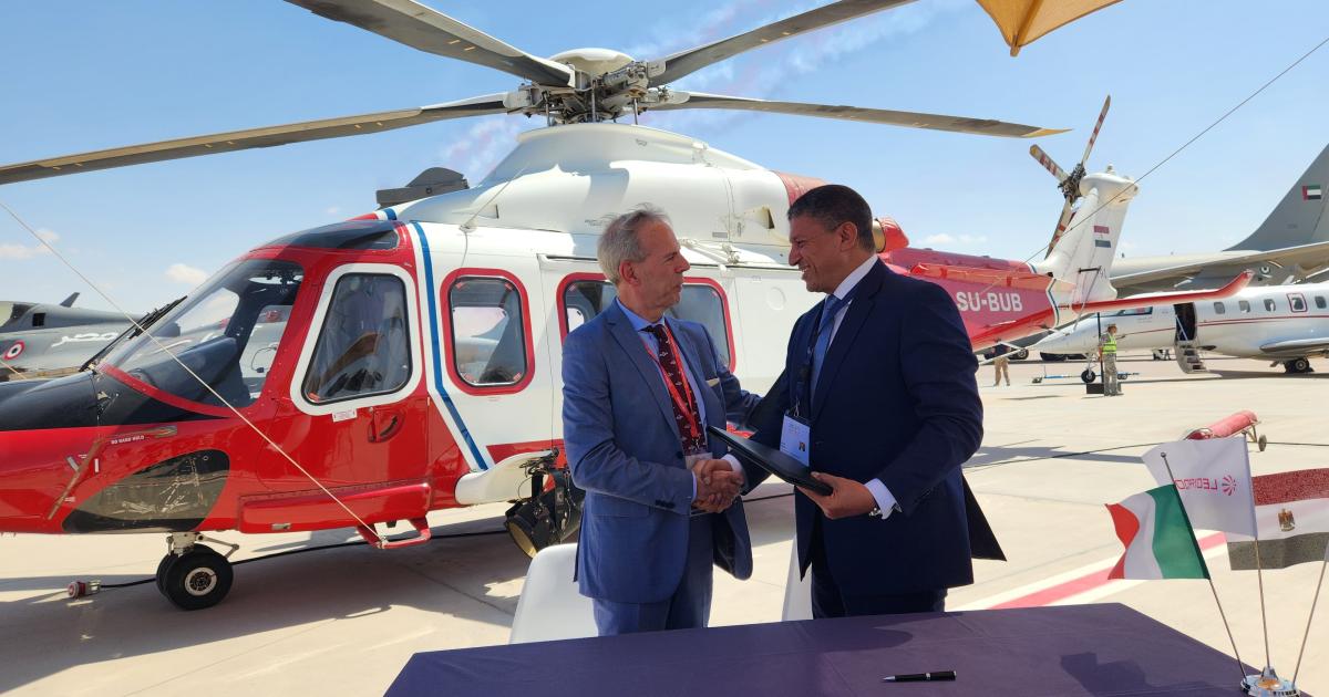 Vittorio Della Bella (left), Leonardo senior v-p helicopter customer support and training worldwide services, and Ehab Ali Abdel Maksoud, chairman and managing director, Petroleum Air Services. 