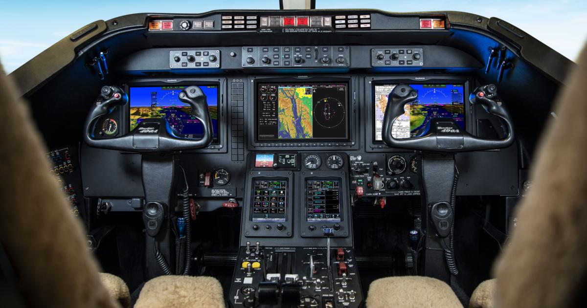 The Garmin G5000 features three 12-inch displays and utilizes the company’s automatic flight control system.