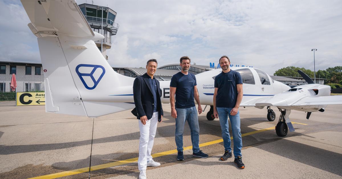 Volocopter CEO Dirk Hoke and colleagues take delivery of the Diamond DA-62 aircraft.