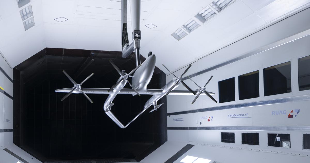 Textron eAviation is testing a scale model of its Nexus eVTOL aircraft in a wind tunnel.