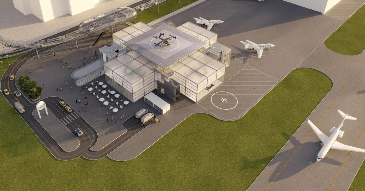 A digital rendering of Urban-Air Port's Next-Generation AirOne Vertiport at an airport location.