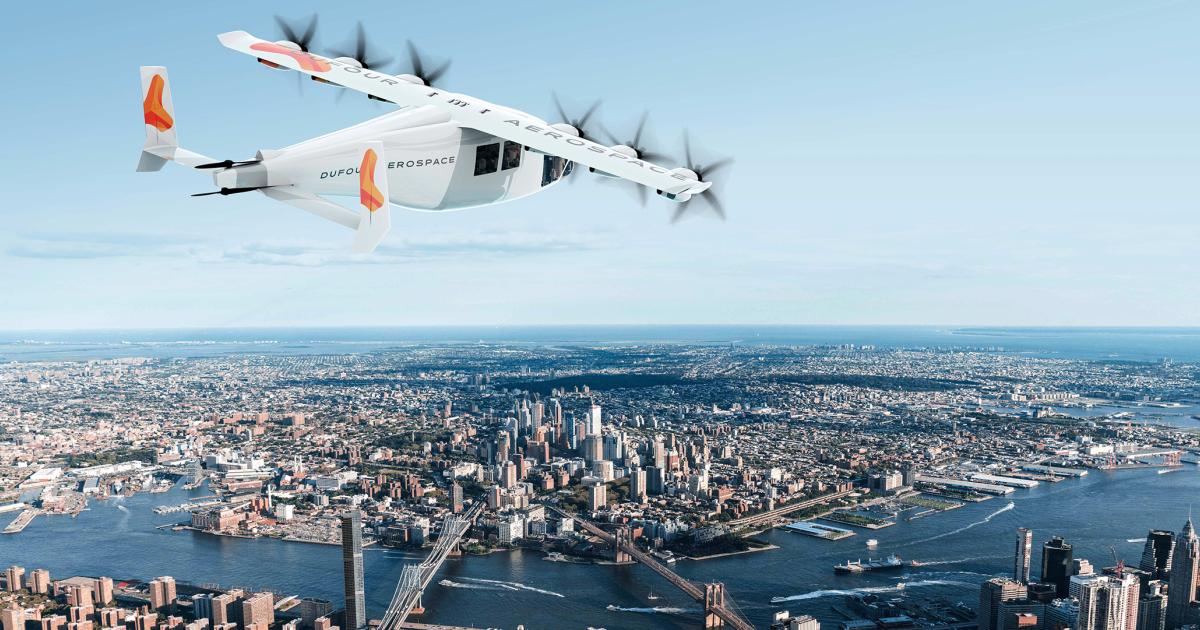 An artist's rendering of Dufour's Aero3 flying over New York City.