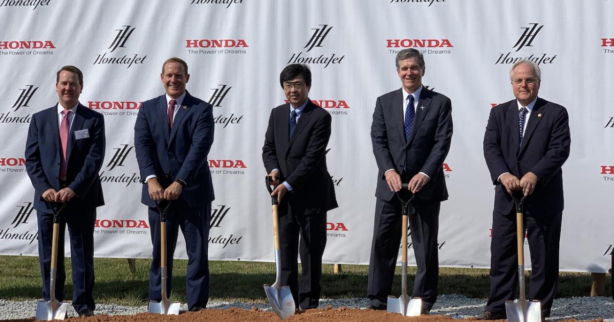Breaking ground for Honda Aircraft's new $15.5 million, 83,000-sq-ft facility (l to r), Kevin Baker, executive director of the Piedmont Triad Airport Authority; U.S. Representative Ted Budd (R-NC); Michimasa Fujino, president and CEO of Honda Aircraft; North Carolina governor Roy Cooper; and secretary of commerce Anthony Copeland. (Photo: Matt Thurber)