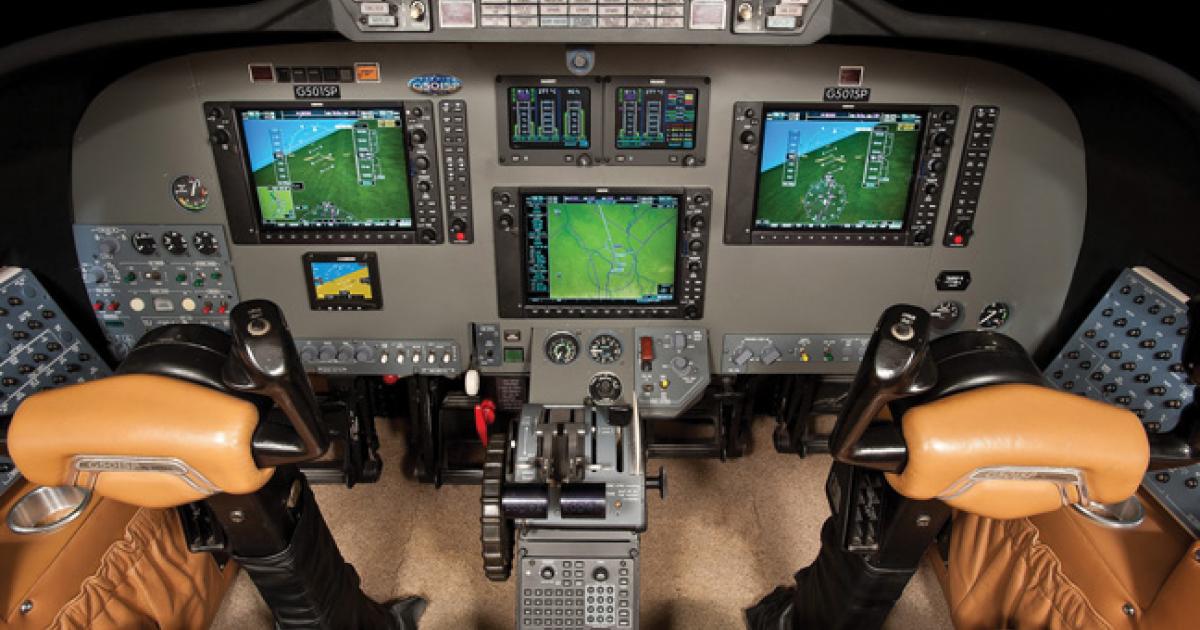 Sierra Industries’ Garmin G1000 package replaces the Citation 501/501SP’s original mechanical gyroscopes and avionics with two Garmin primary flight displays and a center-mounted multifunction display.