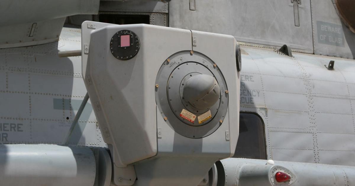 The sensor turret of Northrop Grumman’s AN/AAQ-24 large aircraft infrared countermeasure (LAIRCM) deployed on a U.S. Marine Corps CH-53 Super Stallion helicopter. (Photo: Northrop Grumman)