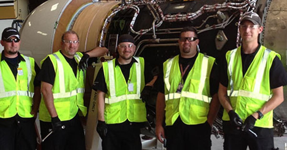 A Dallas Airmotive team recently completed its first removal of a Rolls-Royce BR710 engine.