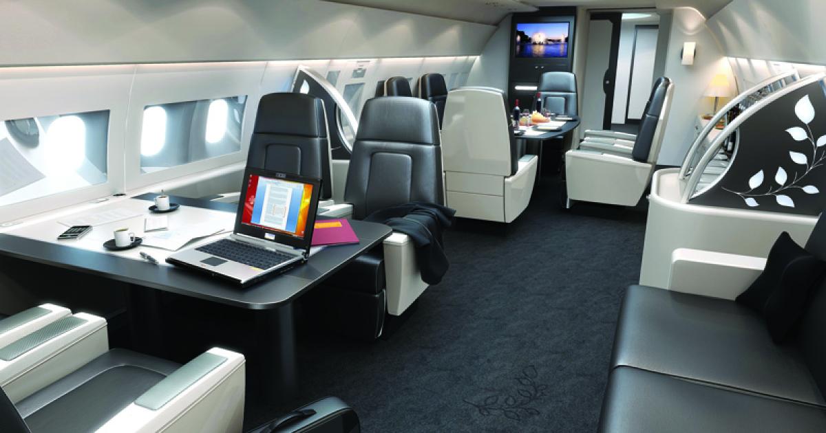Airbus Corporate Jet Centre’s in-house designer Sylvain Mariat created a lounge for an Airbus ACJ319.