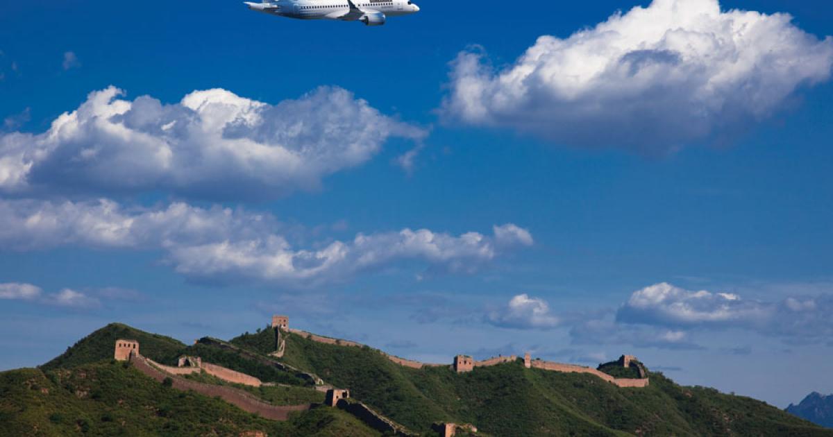 An artist’s concept depicts a Bombardier CS100 flying above the Great Wall; such an image could soon be a reality with that model or any of its competitors.