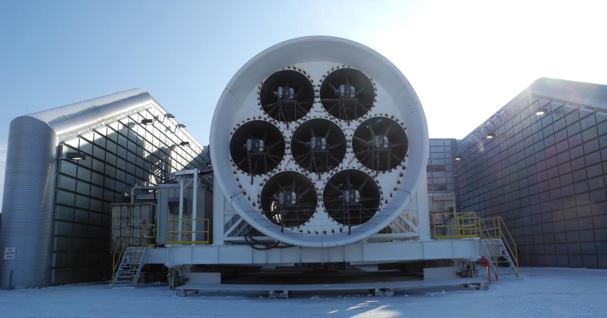 GE’s icing test cell in Winnipeg consists of seven fans driven by 250-hp variable frequency motors. (Photo: Matt Thurber)  