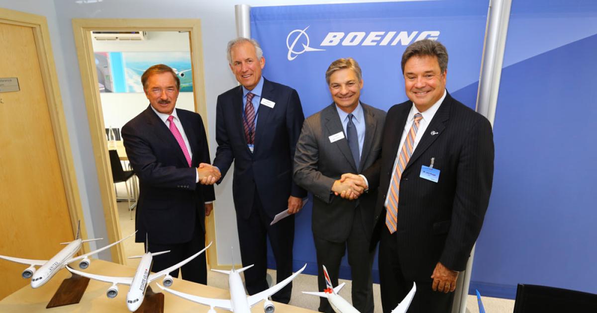 Air Lease and Boeing announced an order on Tuesday at the Paris Air Show for 30 Boeing 787-10s, as well as another three 787-9s, increasing Air Lease's order count for the -9 to 15. Celebrating the deal were (l-r) Air Lease Corp. chairman and CEO Steven Udvar-Hazy, Boeing chairman and CEO Jim McNerney, Boeing Commercial Airplanes president and CEO Ray Conner and Air Lease COO John Plueger. (Photo: David McIntosh)