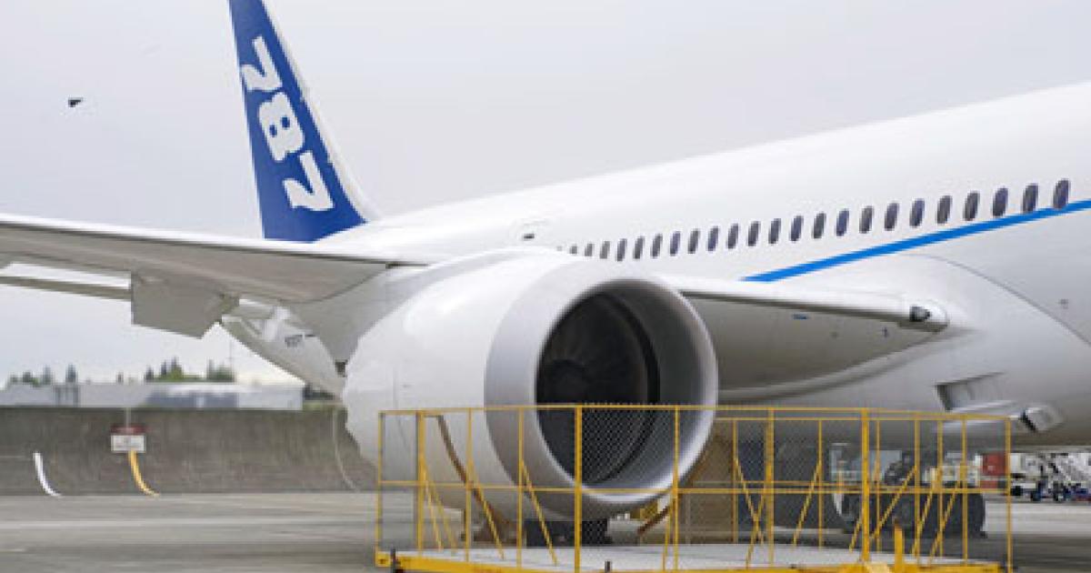 GEnx-1B turbofans power the fifth 787 prototype. Boeing has advertised a standard engine interface on the type, allowing for efficient interchangeability between the GEnx and Rolls-Royce Trent 1000. At least one of the two engine makers has questioned the feature's practicality, however. (Copyright Boeing)