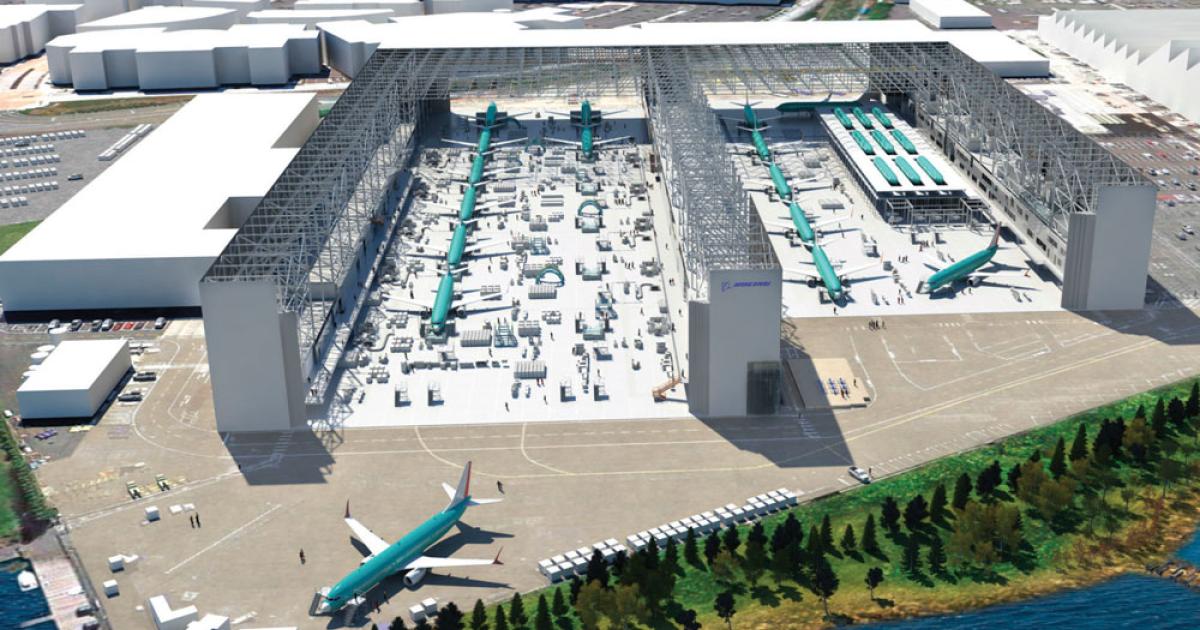 An artist’s concept shows the future configuration of Boeing’s narrowbody plant in Renton, Washington, where plans call for creating a third line meant to ease the full transition to 737 Max production by 2019.