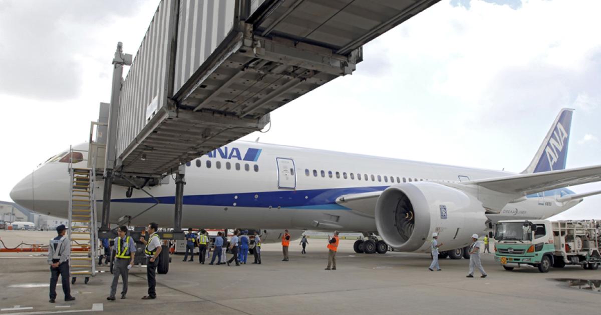 Boeing and ANA conducted a number of validation exercises with 787 flight-test airplane ZA002 at Itami Airport in Osaka, Japan, on July 5. (Photo: Boeing)