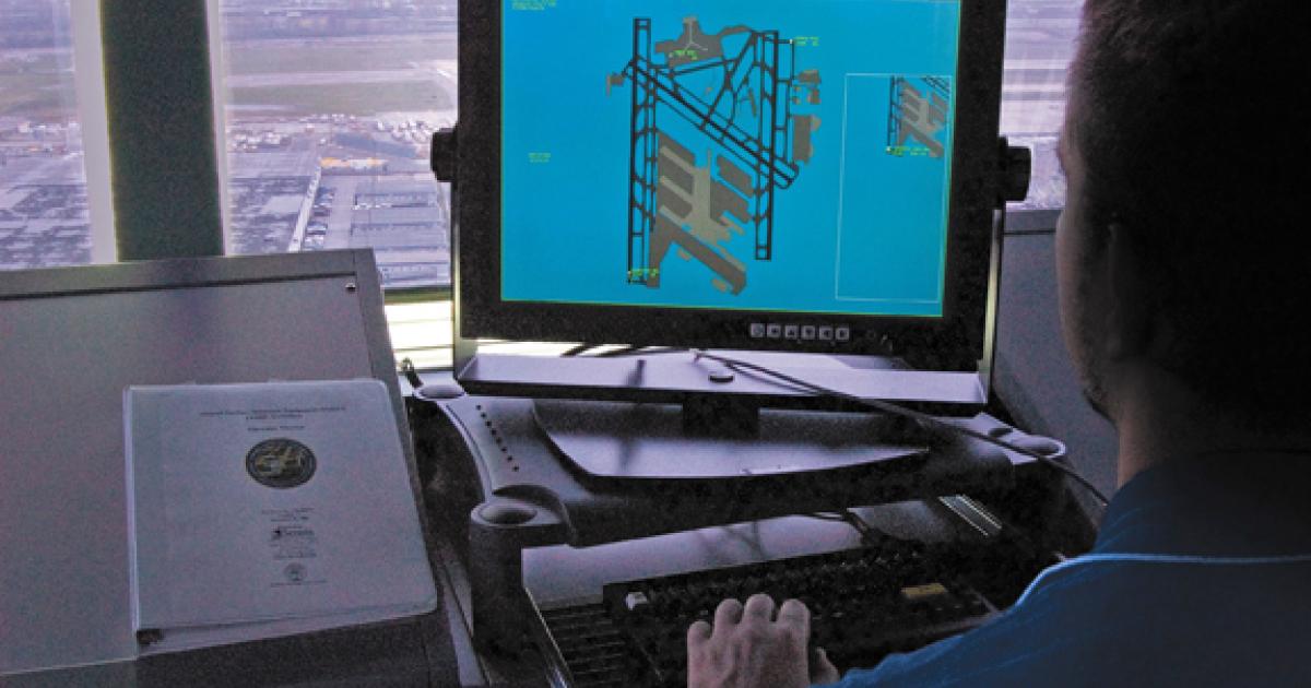 An air-traffic controller monitors an ASDE-X display of aircraft movements on the airport surface at Louisville International Airport. (Photo: Sensis Corp.)