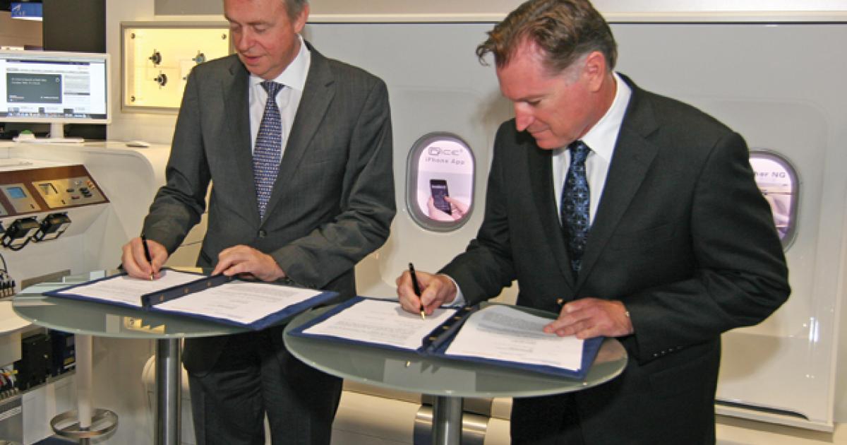 Lufthansa Technik’s August Henningsen (left) and Panasonic’s Paul Margis ink letters of intent to provide IFEC and CMS.
