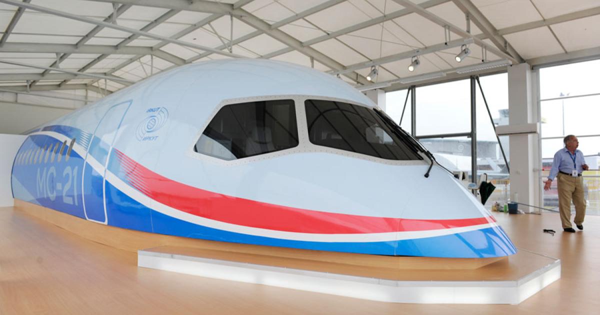 Irkut's full-scale mockup of its nascent MC-21 short- to medium-range midsize airliner is on display at the Singapore Airshow. Photo by Mark Wagner.