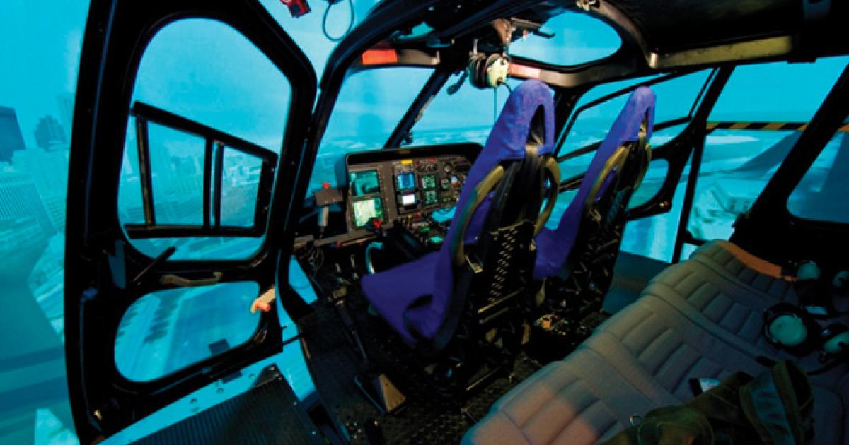The AS350B2/B3 sim at American Eurocopter gives pilots a realistic flying experience. The full-color 3-D view replicates the world outside while pilots practice failures and–important for law-enforcement and EMS operators–failures under challenging conditions.