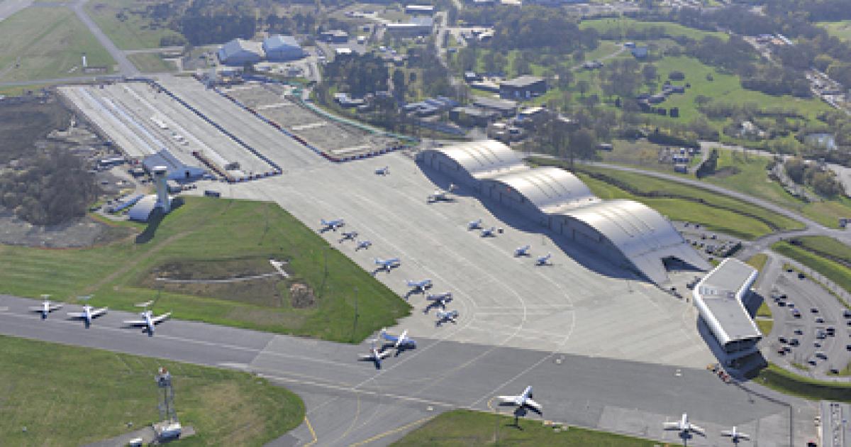 Many business aircraft were able to escape Europe before airspace was closed by the volcanic ash cloud on April 15. But some did not, including operators who had to keep their aircraft grounded at the London-area Farnborough Airport. Shown here are jets parked on the ramp and taxiway alongside the hangars and terminal operated by Tag Aviation. Authorities reopened British airspace at 10 p.m. on April 20.