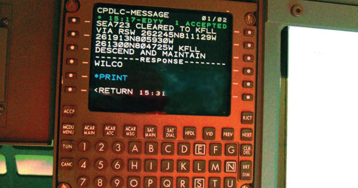 The Rockwell Collins IDC-900 integrated datalink controller displays controller-pilot datalink messages. Photo: FAA