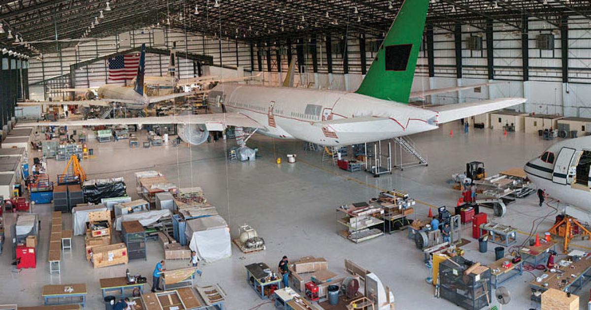 The Gore Design Completions hangar in San Antonio is one of the busier ones as slots for interior outfitting dwindle.