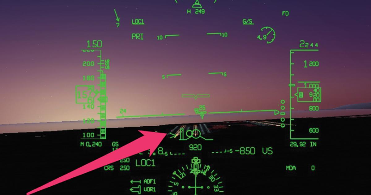 Using the FlyRealHUDs X-Plane plug-in, the author shot the ILS 25R into LAX at night in the Boeing 777. The acceleration tape and cue (caret) show the jet accelerating and too fast, so the power needs to be reduced. The flight director cue is slightly to the left of the flight-path vector, indicating the need for a slight correction to the left.