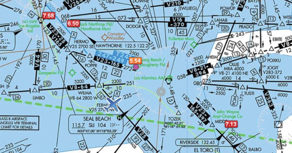 During a recent flight near Long Beach, the moving map shows the IFR en route chart  and jet-A prices at area airports.