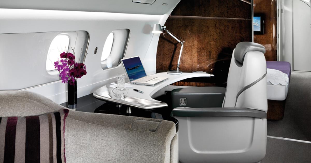 The office module in Embraer’s Lineage 1000 offers such items as a dedicated in-flight handset, PC power and options for high-speed Internet with Wi-Fi network and a fax/printer.