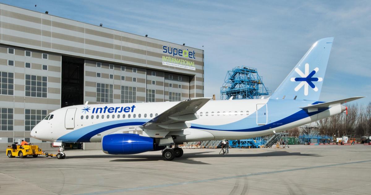 Mexico’s Interjet expects to take delivery of its first Sukhoi SSJ100 this month. 