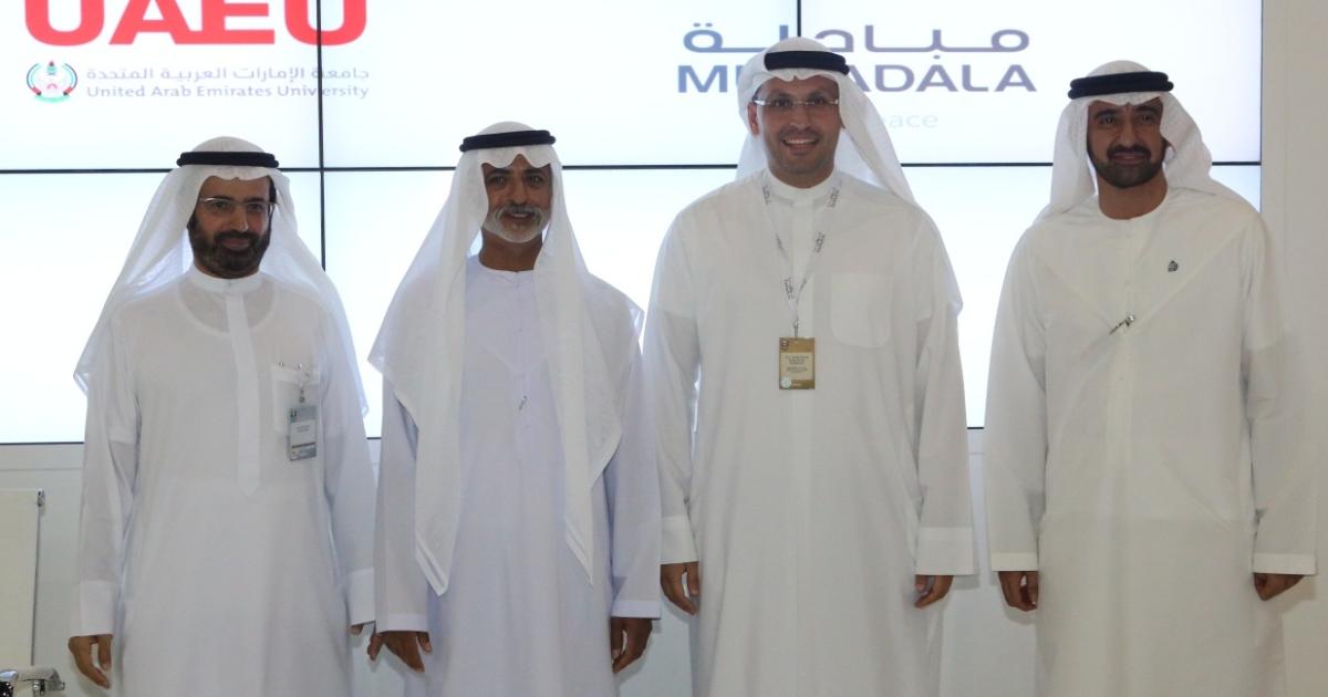 From left: Dr. Ali Rashid Al Noaimi, vice chancellor of UAE University; H.H. Sheikh Nahayan Mabarak Al Nahayan, minister of higher education and scientific research and chancellor of UAEU ;Khaldoon Al Mubarak; managing director and CEO of Mubadala Development; and Homaid Al Shemmari, executive director of Mubadala Aerospace business unit, attended the signing.