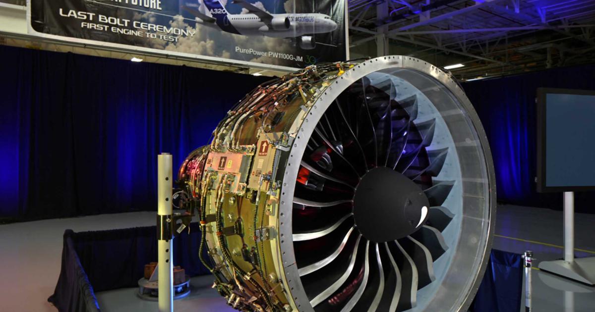 Pratt & Whitney's first PW1100G-JM test engine sits ready for testing in West Palm Beach, Florida. (Photo: Airbus)