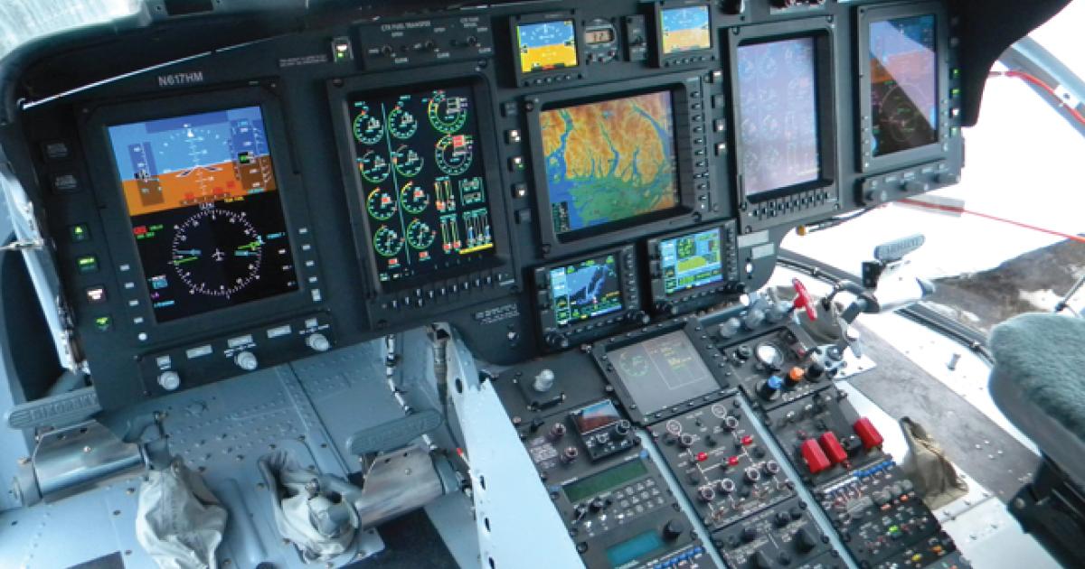 The Rockwell Collins Pro Line 21 ADS retrofit for Sikorsky S-61 helicopters is anchored by two 10- by 8-inch primary flight displays.