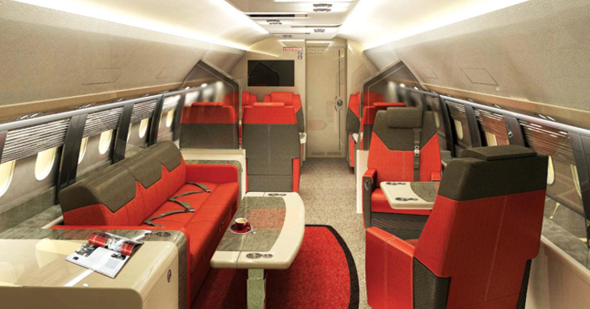 Through their trade association, AKAI, Russian aircraft interior specialists Kvand, Vemina-Aviaprestige and Aerostyle have jointly submitted proposed cabin designs for the new Sukhoi Business Jet being developed from the Russian airframer’s Superjet SSJ100 airliner.