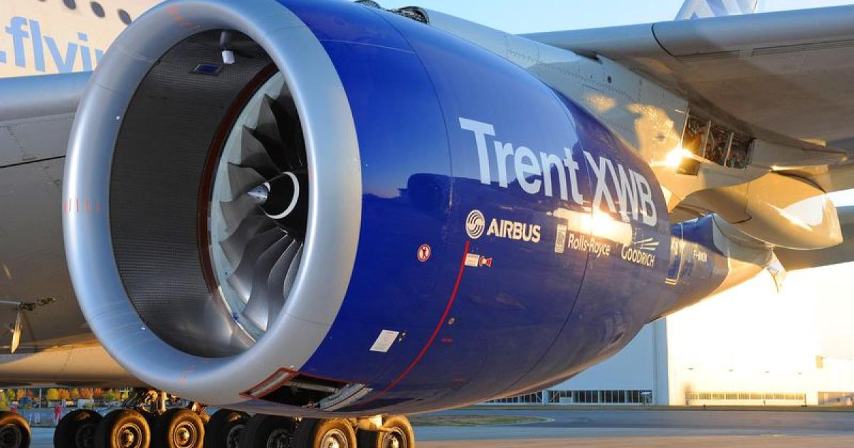 A Trent XWB flight test engine hangs from Airbus's A380 flying test bed. (Photo: Airbus)