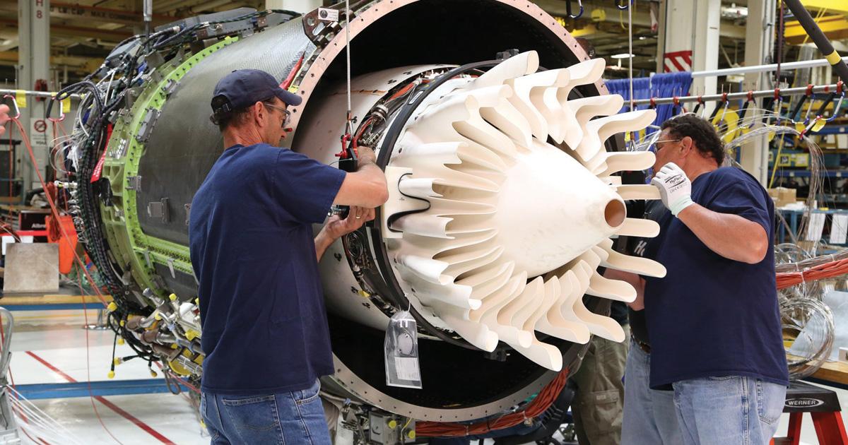 GE’s Passport engine marks the commercial debut of ceramic-matrix composite (CMC) material usage for harsh environment parts such as the mixer and center body assemblies. In total it uses 15 CMC parts for a weight savings of more than 40 pounds per engine.