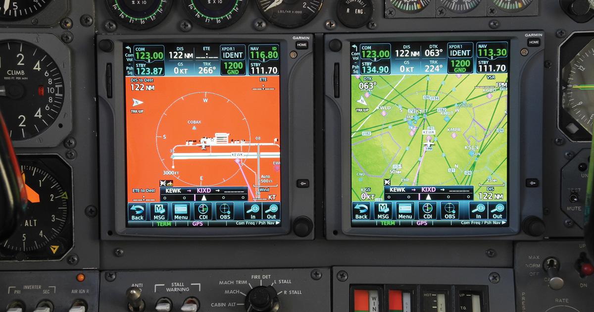 Kings Avionics, a sister company of Avcon Industries, has modified this Learjet 35’s cockpit with dual Garmin GTN 750 touch-screen navigators, which provide Waas LPV approach capability for the classic business jet.