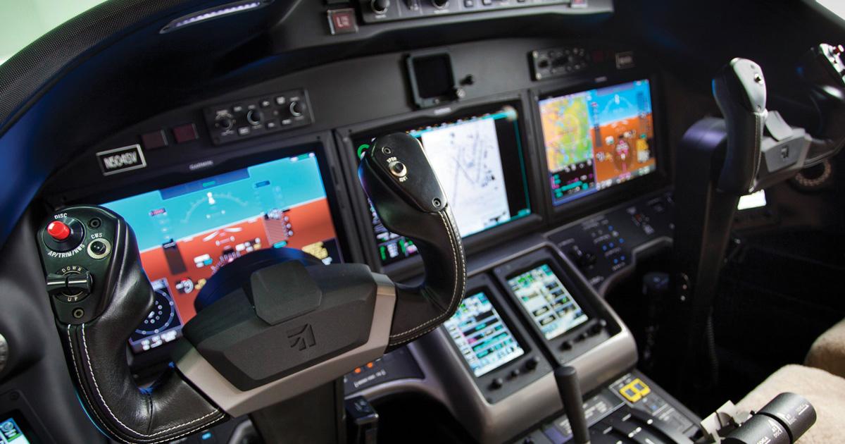 The Sovereign cockpit was designed to be an integrated whole with the cabin and features Cessna’s Intrinzic flight deck (based on a Garmin G5000 system) and leather and stainless steel trim.