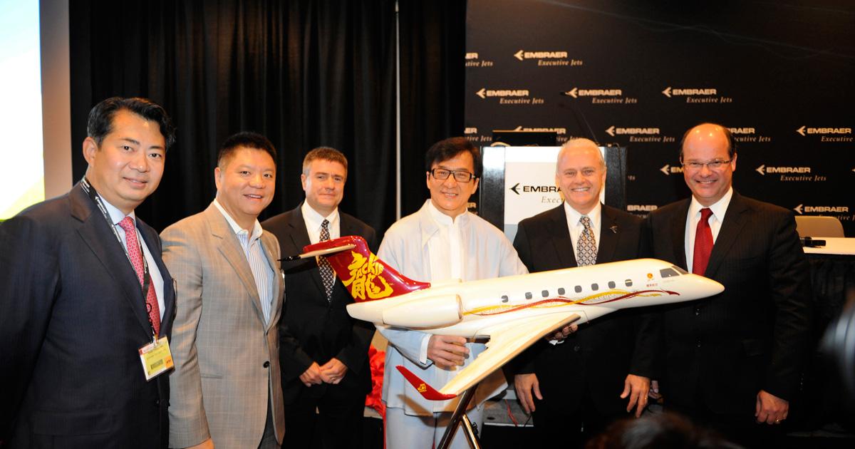 Just as he is the owner of the first Chinese-registered Legacy 650, action movie star and Embraer Executive Jets brand ambassador Jackie Chan was introduced yesterday as China launch customer of the 650’s smaller sibling, the Legacy 500, to be delivered in 2015.