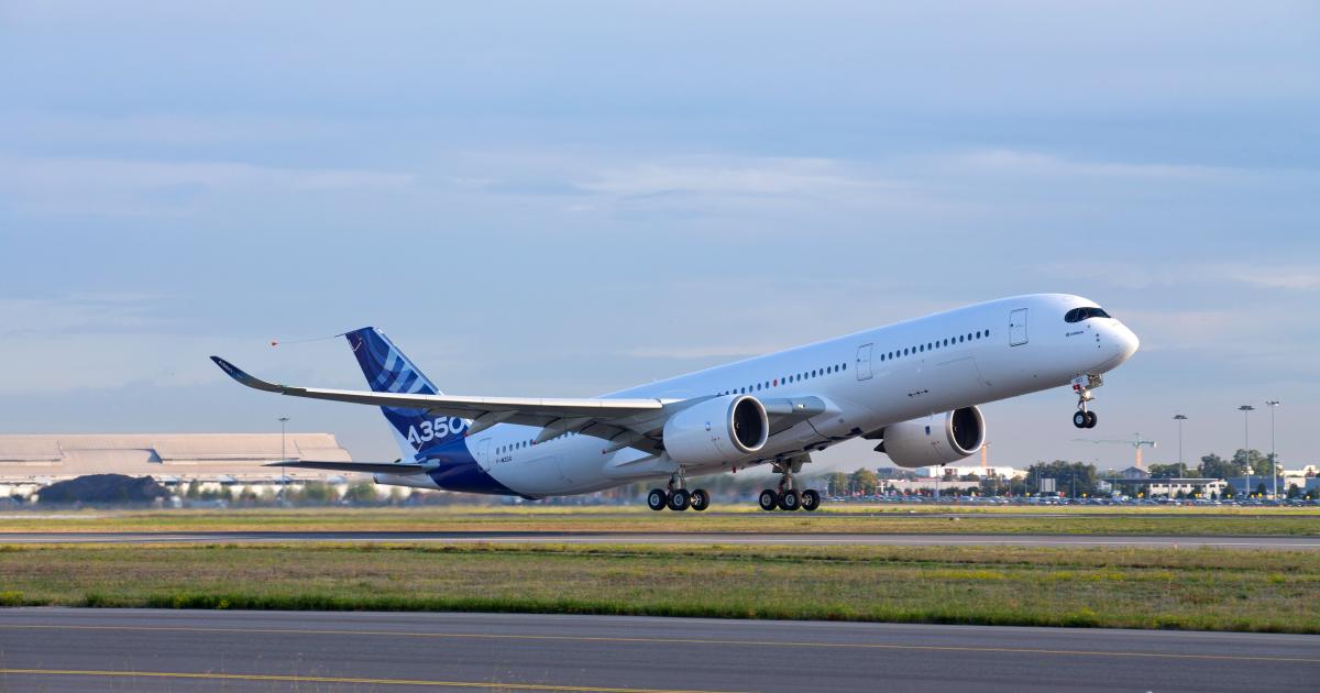 Airbus A350 MSN 3 takes off from Toulouse-Blagnac Airport for its first test flight. (Photo: Airbus)