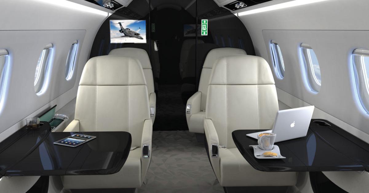 mbraer Executive Jets has refreshed the cabin of its Legacy 450/500 twinjets, including lengthening the fuselage on the 450, which is on display here in cabin mockup form. 