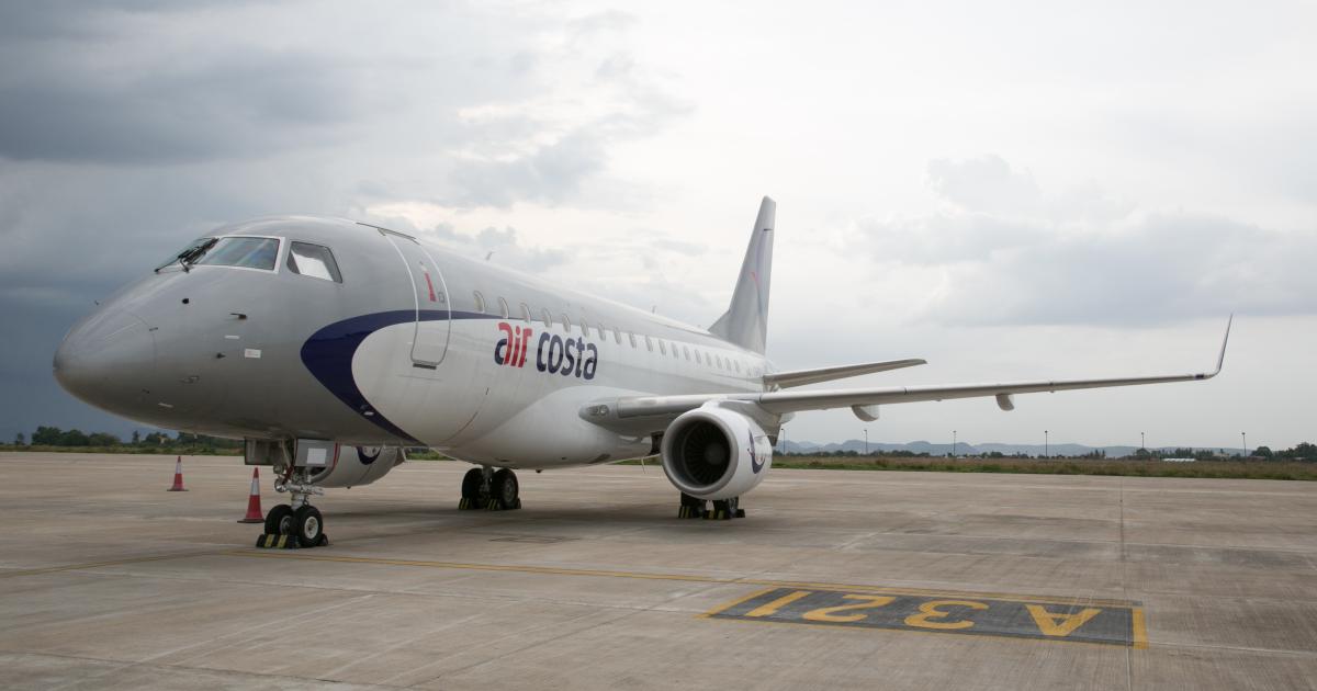 Now leasing a pair of Embraer E170s, Air Costa became Embraer’s largest-ever Indian customer in February, when it placed an order for 50 of the company’s planned E2s. (Photo: Air Costa)