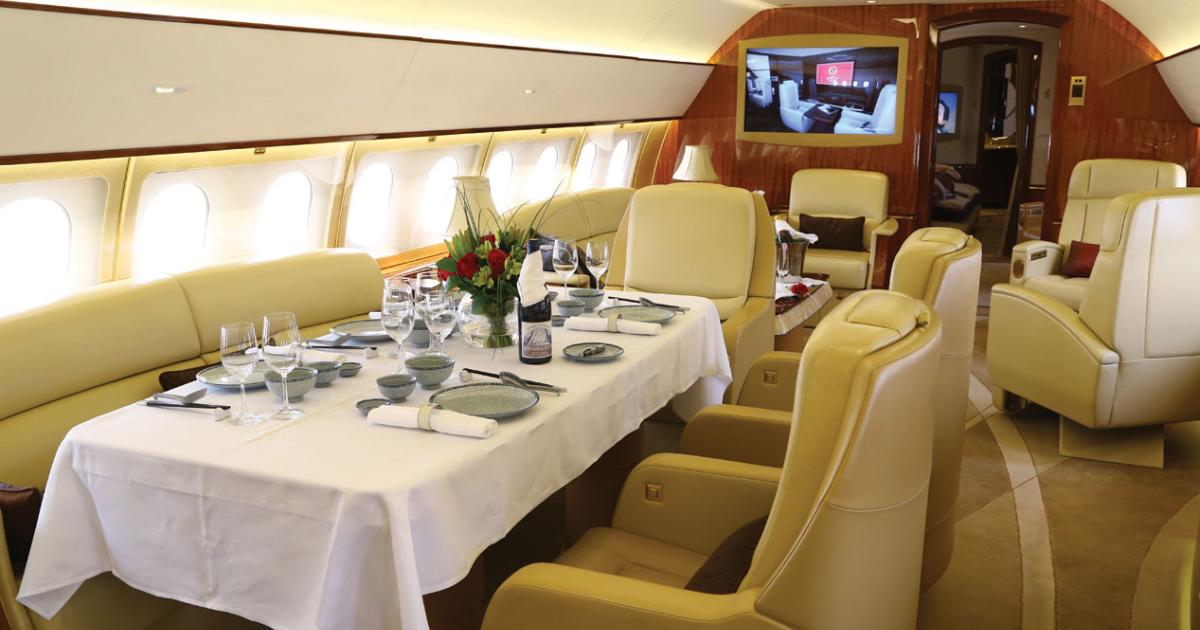 In addition to winning more contracts for Boeing Business Jets, Comlux is displaying an
ACJ319 that it operates for charter and for which it produced the cabin interior above.
The company also announced it will refurbish a BBJ for a Chinese owner.