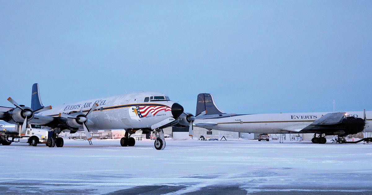 Colville Aviation provides all fueling services at Deadhorse, supplying jet-A and avgas for airline, GA and military aircraft, as well as these Everts DC-6 freighters.