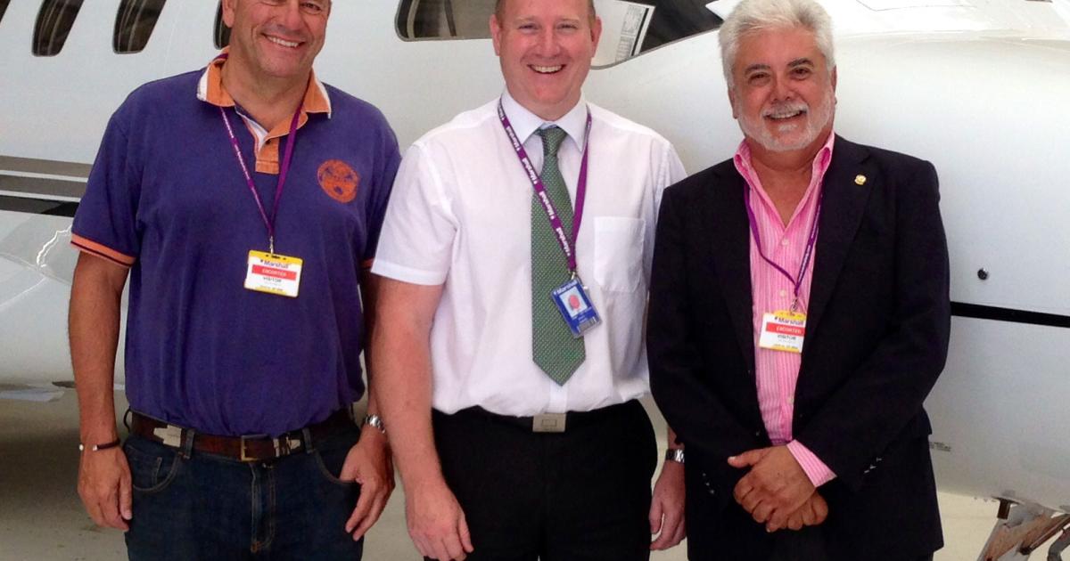 L to r: Pedro Orejas, CEO Suraviation; Steve Pantry, operations manager, Marshall Aviation Services (Cambridge); and José Manuel Pérez de La Cruz, vice president, Suraviation recently signed a deal for Marshall to provide MRO services for Suraviation’s fleet.