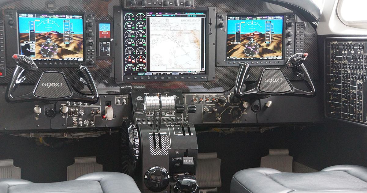 The flight deck of the Nextant’s remanufactured Nextant King Air C90–dubbed the G90XT–features a Garmin G1000 avionics system, single-lever power controls and reconfigured fuel switches above the throttles. (Photo: Matt Thurber/AIN)