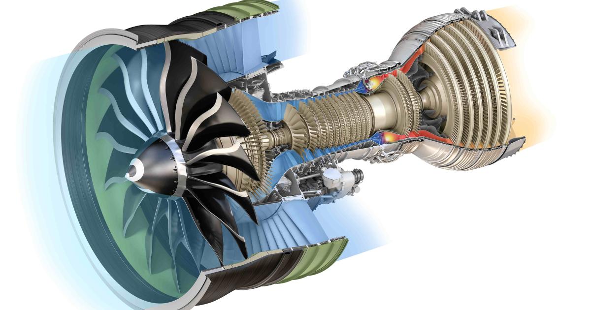 The fan blades for GE Aviation's new GE9X engine for the Boeing 777X twin jet use a lighter and more advanced composite material. [Photo: GE Aviation]