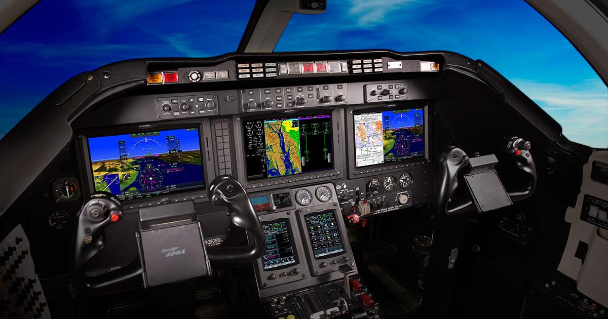 Garmin is now flying a Beechjet 400A with a G5000 integrated flight deck that modernizes the cockpit of the Beechjet 400A/400XP and increases aircraft utility, provides a weight savings of 150 pounds and exceeds NextGen requirements. It features three high-resolution 12-inch flight displays, as well as two touchscreen display/controllers. STC approval of the G5000 in the light jet is expected in late 2015. (Photo: Garmin)