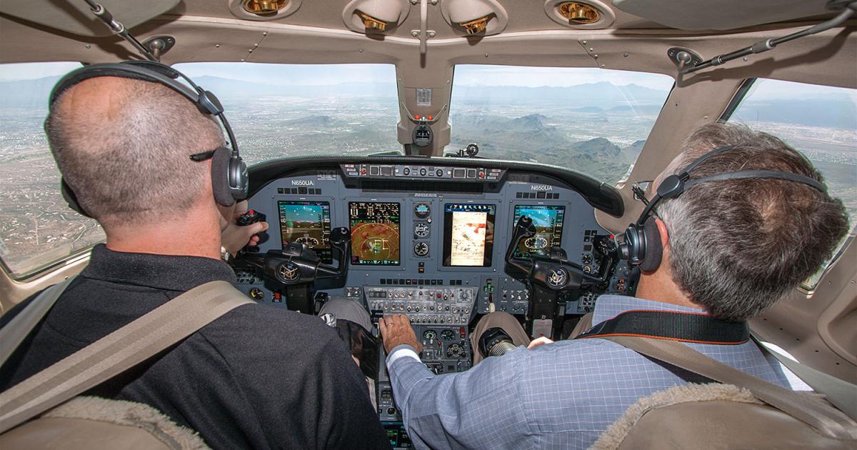 Originally designed as a three-screen setup for a helicopter application, Universal’s InSight suite is upgraded to four 10.4-inch screens for business jet use. Though Universal has new-aircraft applications in mind, InSight works well as a retrofit, as demonstrated on the company’s Citation VII testbed.